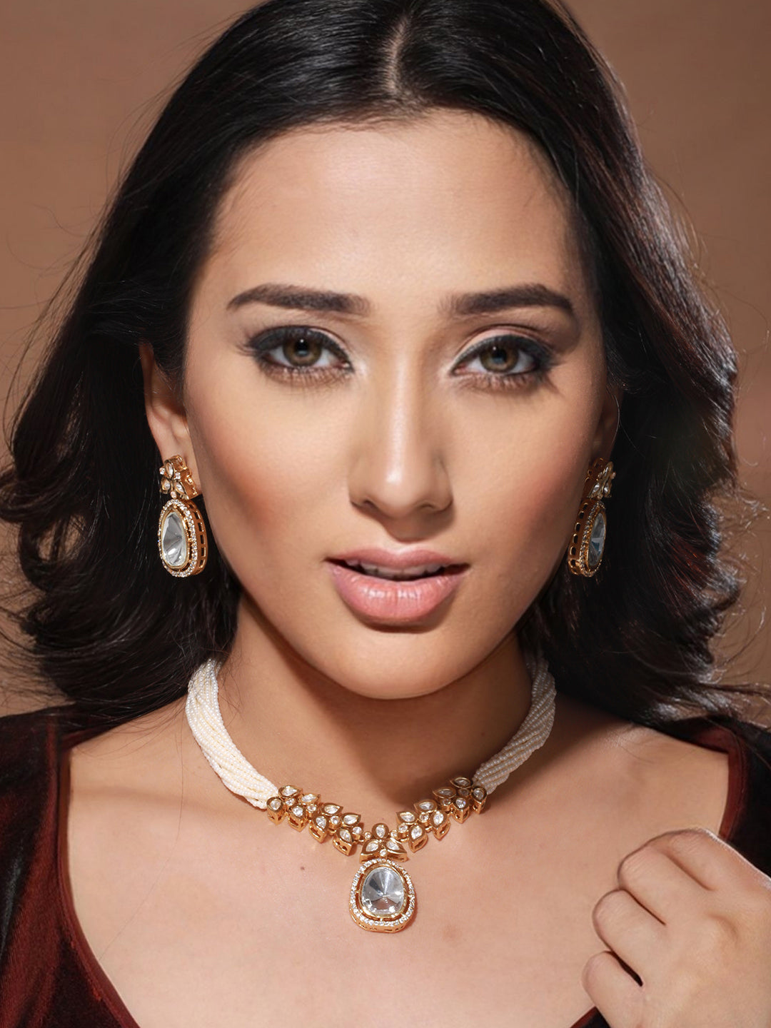 GoldPlated White Uncut Polki & Pearl Beaded Choker Jewellery Set, zaveri pearls, sale price rs, sale price, sale gold plated, sale gold, sale, rubans, ring, regular price, priyassi jewellery,